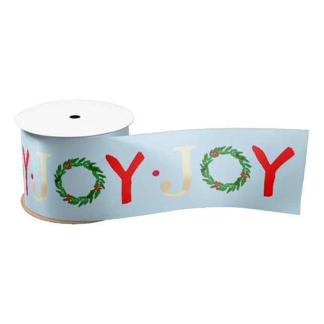 Modern Gold Joy Festive Holly Wreath Blue Satin Ribbon (Spool)