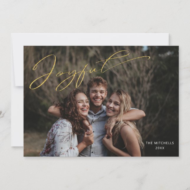 Modern Gold Joyful Calligraphy Script Photo Holiday Card (Front)