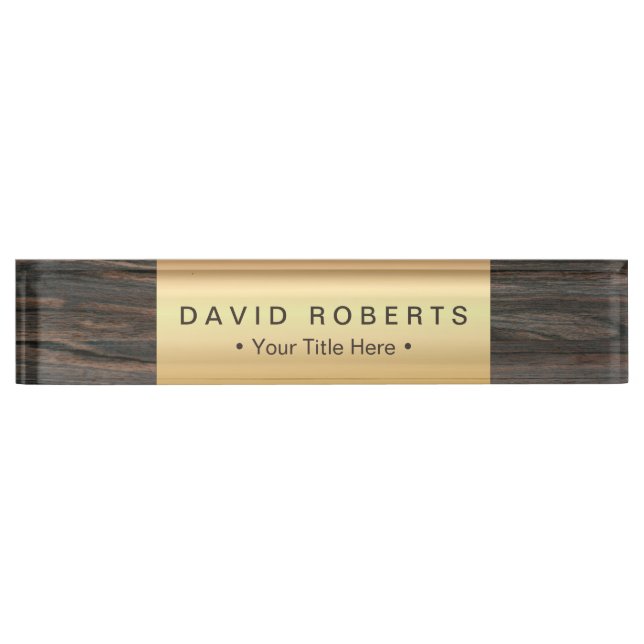 Modern Gold Label Classy Wood Background Nameplate (Front)
