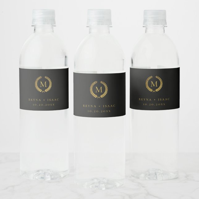 Modern Gold Laurel Wreath Monogram Water Bottle Label (Bottles)