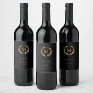 Modern Gold Laurel Wreath Monogram Wine Label