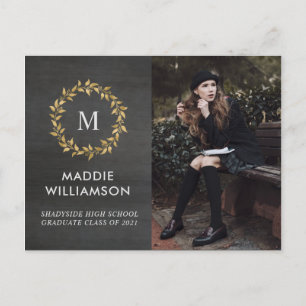 Modern Gold Laurel Wreath Photo Graduation Party  Invitation Postcard
