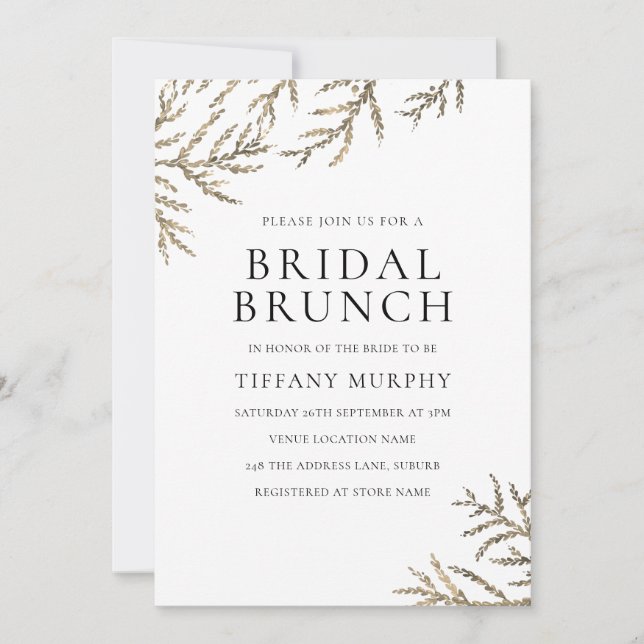 Modern Gold Leaf Elegant Bridal Brunch Invitation (Front)