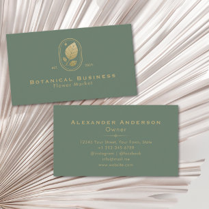 Modern Gold Leaf Minimal Botanical Green Business Card