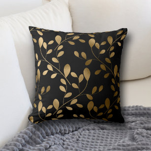 Modern Gold Leaf Pattern on Black Throw Pillow