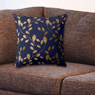 Modern Gold Leaf Pattern on Blue Throw Pillow