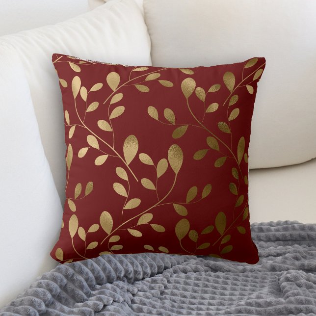 Modern Gold Leaf Pattern on Maroon Red Cushion (Creator Uploaded)