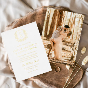 Modern Gold Leafy Crest Monogram Photo Wedding 