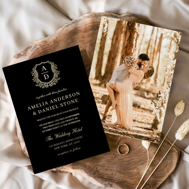 Modern Gold Leafy Crest Monogram Photo Wedding  (Creator Uploaded)