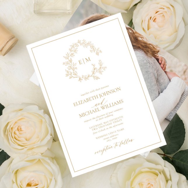 Modern Gold Leafy Crest Monogram Photo Wedding Invitation (Creator Uploaded)