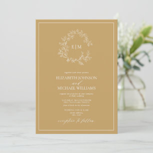 Modern Gold Leafy Crest Monogram Photo Wedding Invitation