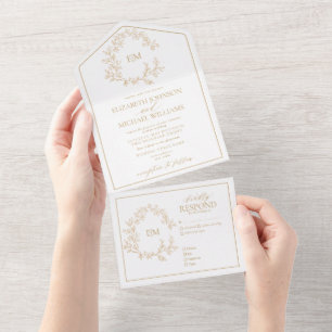 Modern Gold Leafy Crest Monogram Wedding All In One Invitation