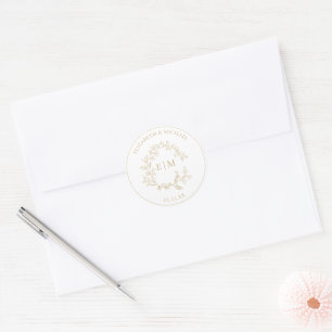 Modern Gold Leafy Crest Monogram Wedding Classic Round Sticker