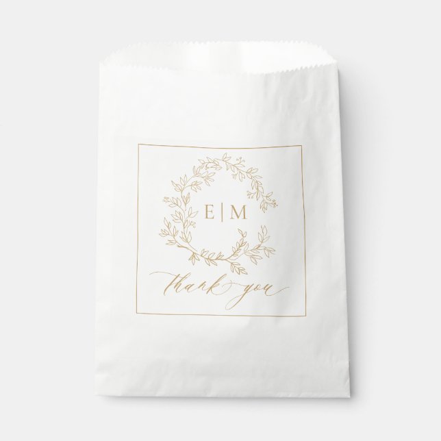 Modern Gold Leafy Crest Monogram Wedding Favour Bag (Front)