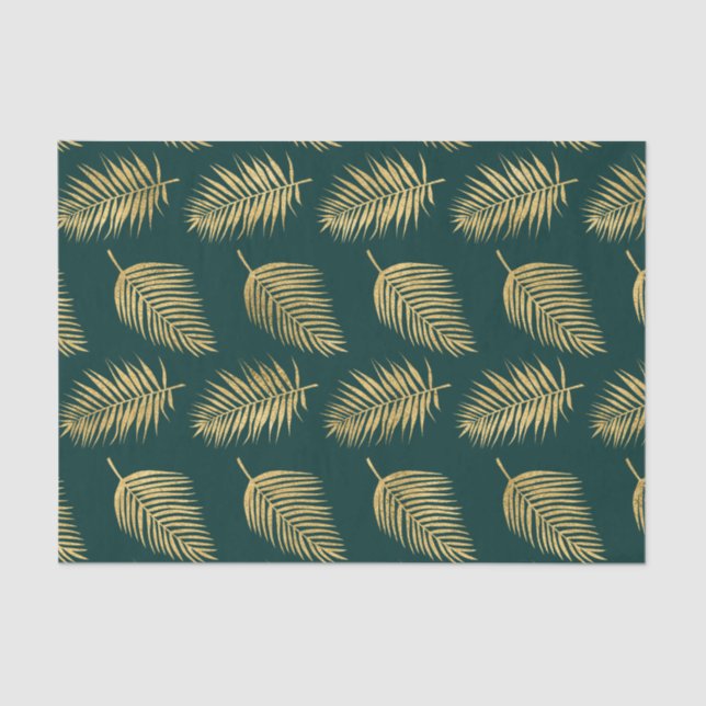 Modern Gold Leaves Against Green Decoupage Tissue Paper (Front)