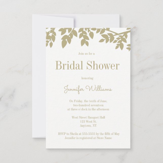 Modern gold leaves bridal shower invitations (Front)