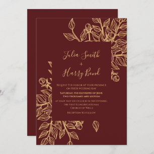 Modern Gold Leaves Burgundy Wedding Invitation