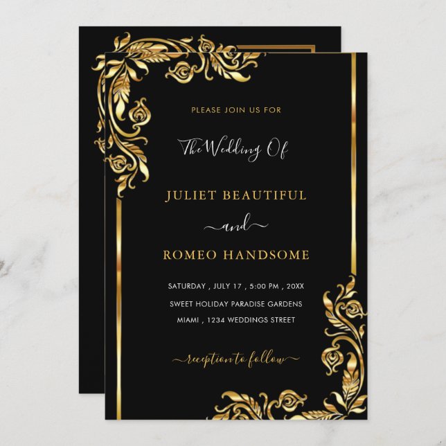Modern Gold Leaves Framed Black Wedding Invitation (Front/Back)