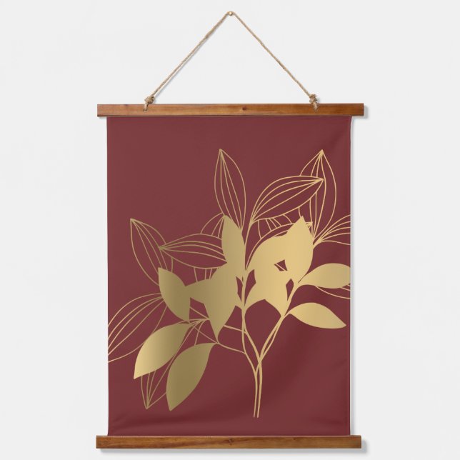 Modern Gold Leaves on Red Hanging Tapestry (Front)
