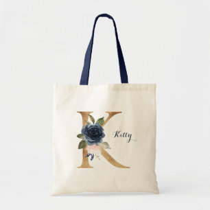 Modern Gold Letter K Floral Glitter Personalised Tote Bag