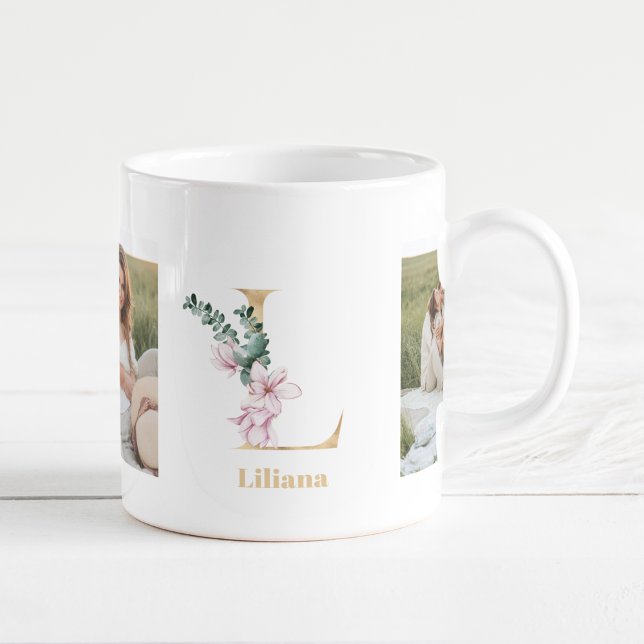 Modern Gold Letter L Flower | Two Photo Monogram  Coffee Mug (Creator Uploaded)