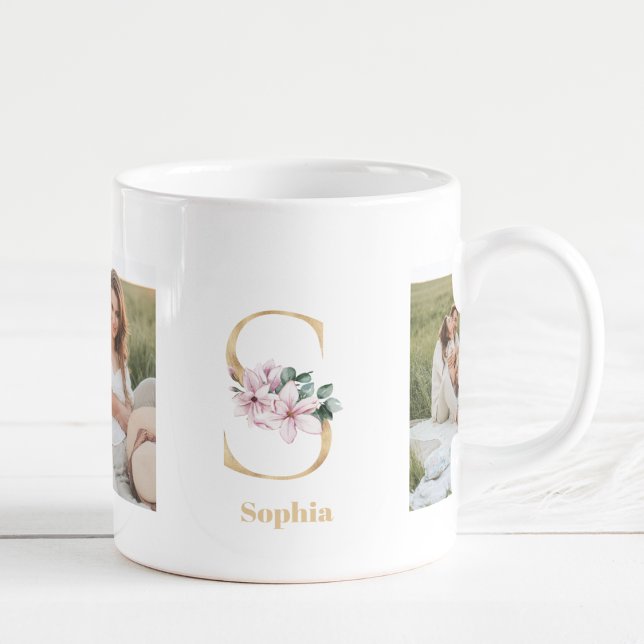 Modern Gold Letter S Flower | Two Photo Monogram Coffee Mug (Creator Uploaded)