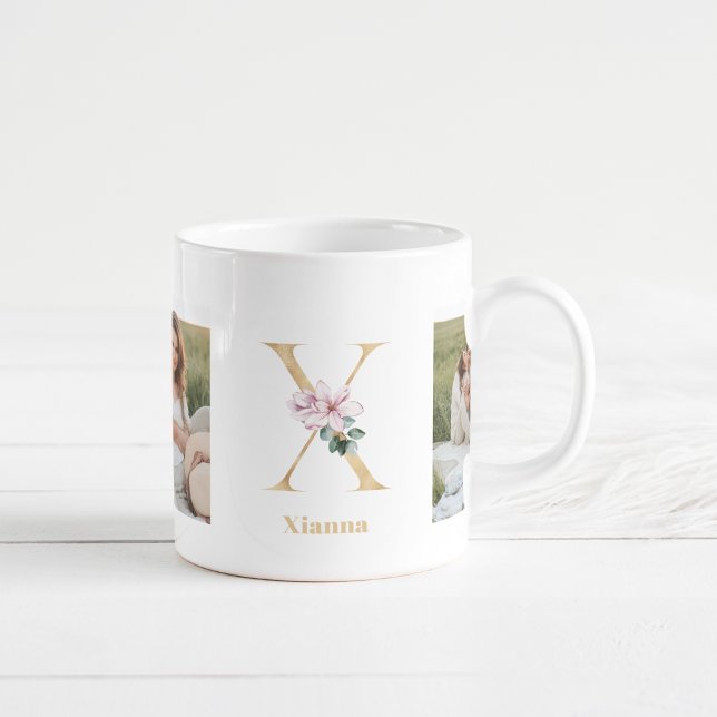 Modern Gold Letter X Flower | Two Photo Monogram  Coffee Mug (Creator Uploaded)