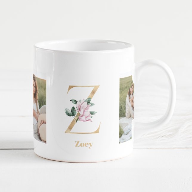 Modern Gold Letter Z Flower | Two Photo Monogram Coffee Mug (Creator Uploaded)