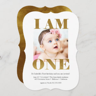 Modern Gold Lettering Photo 1st Birthday Invitation