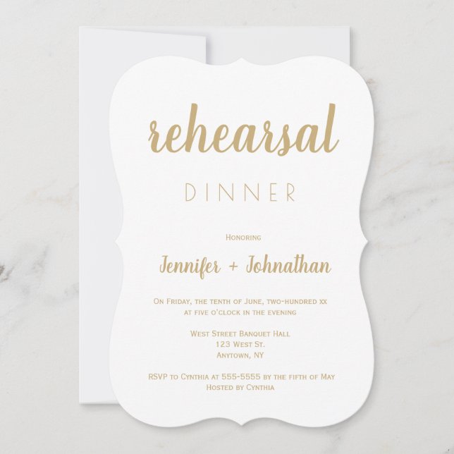 Modern gold lettering rehearsal dinner invitations (Front)