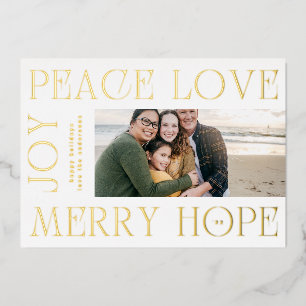Modern Gold Letters MERRY JOY PEACE LOVE photo Foil Holiday Card