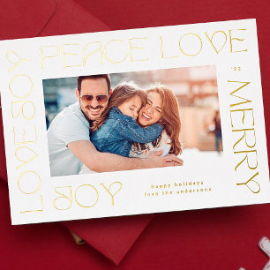 Modern Gold Letters MERRY JOY PEACE LOVE photo Foil Holiday Card