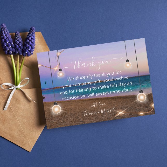 modern gold lights beach wedding thank you white  card (Creator Uploaded)