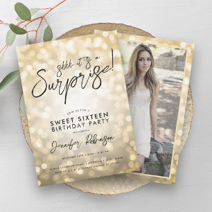 Modern Gold Lights Photo Surprise Sweet 16 Invitation