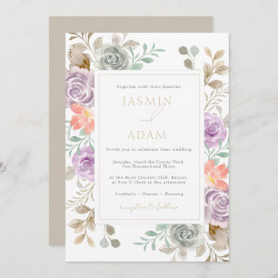 Modern Gold Lilac Peach Floral Wedding Invitation