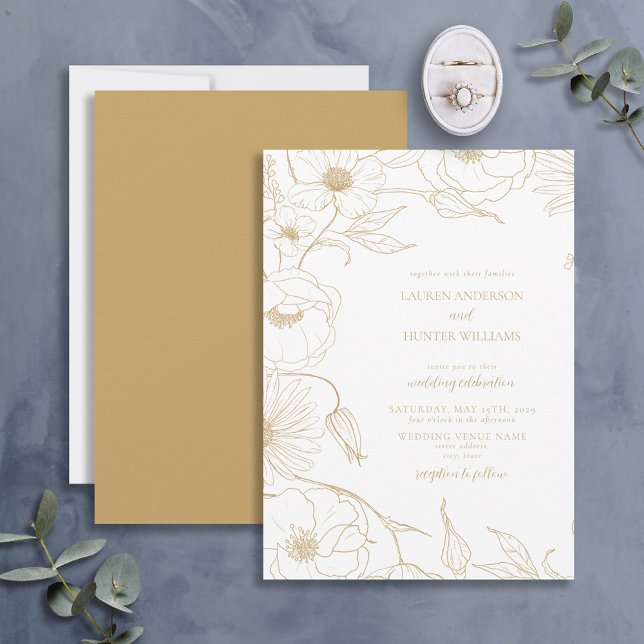 Modern Gold Line Art Floral Wedding Invitation (Creator Uploaded)