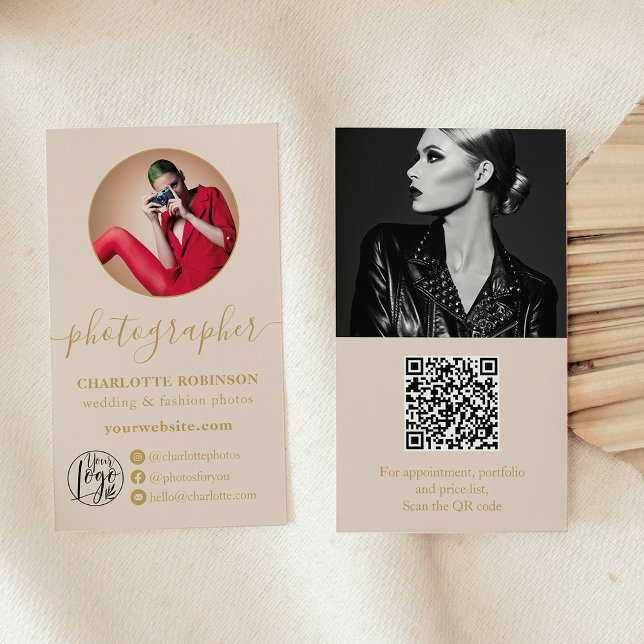 Modern gold linen photo qr code logo photographer business card (Modern gold linen photo qr code logo photographer business card)