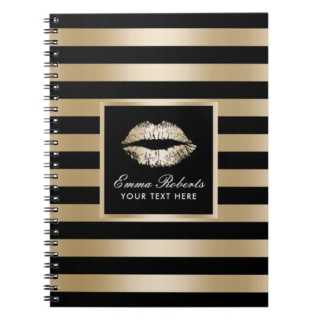 Modern Gold Lips Luxury Black & Gold Stripes Notebook (Front)