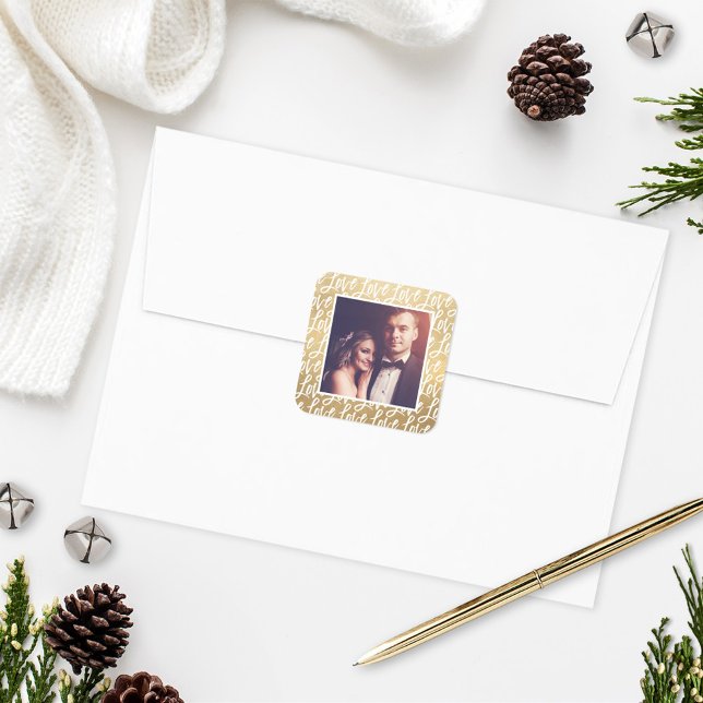 Modern Gold Love in Script Wedding Photo Square Sticker (Creator Uploaded)