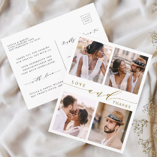 Modern Gold Love & Thanks 4Photo Wedding Thank You Postcard