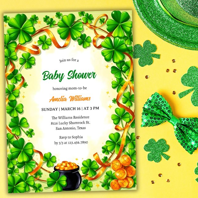 Modern Gold & Lucky Shamrock Baby Shower Invitation (Modern Gold & Lucky Shamrock Baby Shower Invitation)