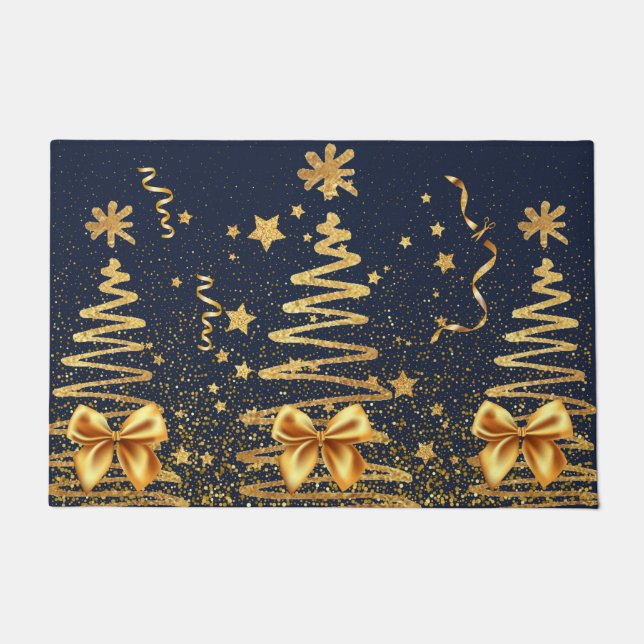 Modern gold luxurious metallic glitter navy blue doormat (Front)