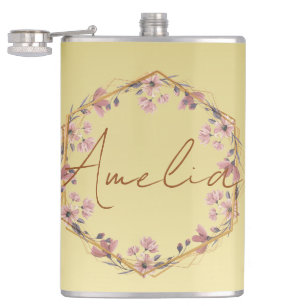 Modern gold Luxury floral watercolor gradient Hip Flask