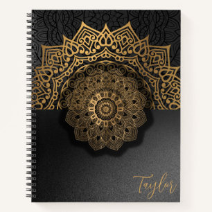 Modern Gold Mandala Black Personalised Notebook