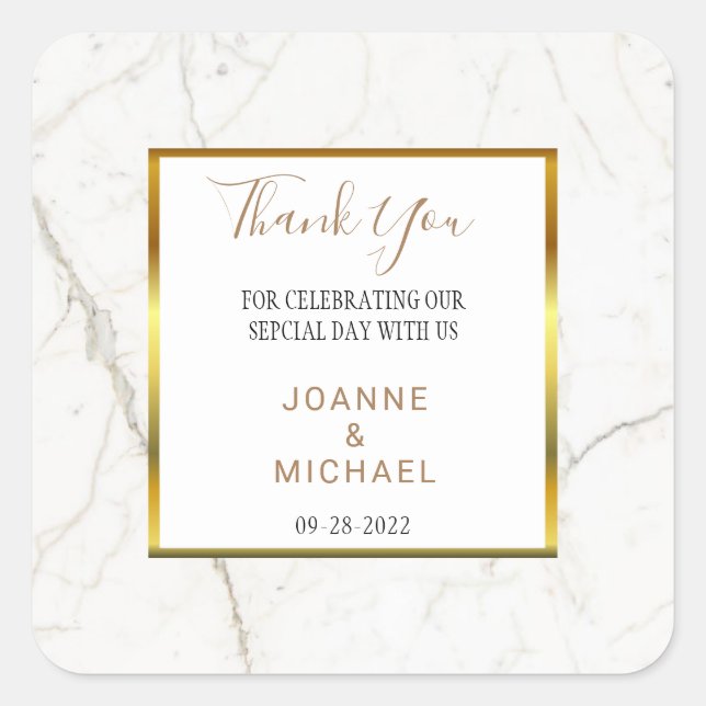 Modern Gold Marble Wedding Thank You Favour Square Sticker (Front)
