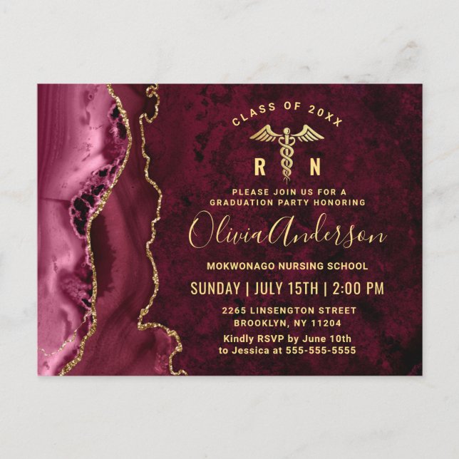 Modern Gold Maroon RN Graduation Party Invitation Postcard (Front)