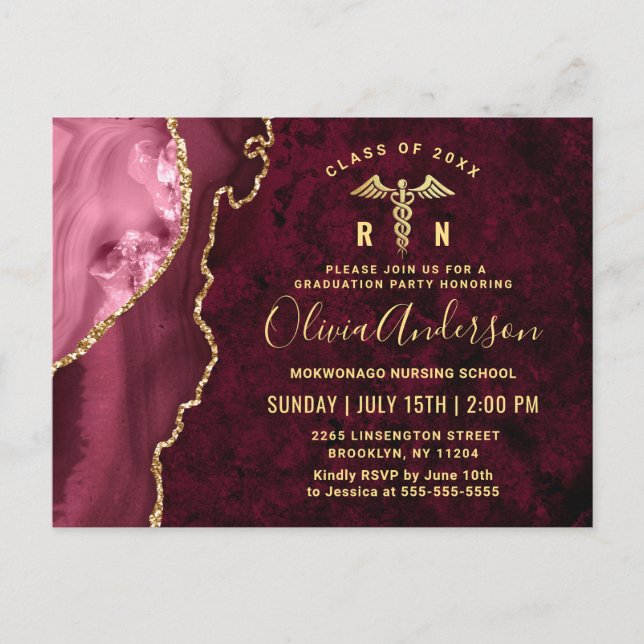 Modern Gold Maroon RN Graduation Party Invitation Postcard (Front)