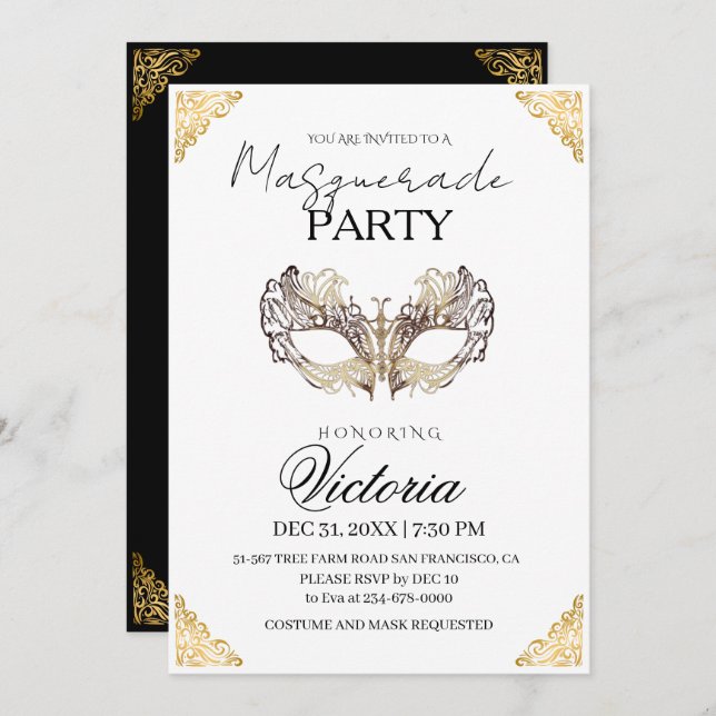 Modern Gold Masquerade Party Birthday Invitation (Front/Back)