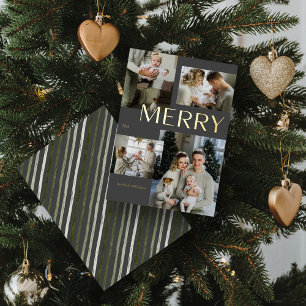 Modern Gold Merry 4 Photo Collage Grey Christmas  Foil Holiday Card