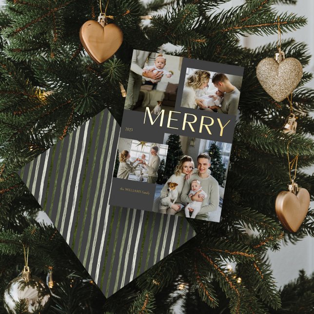 Modern Gold Merry 4 Photo Collage Grey Christmas  Foil Holiday Card (Shine Bright! 'MERRY' Gold Foil Holiday Card 🌟🎄 [Add Your Photo])